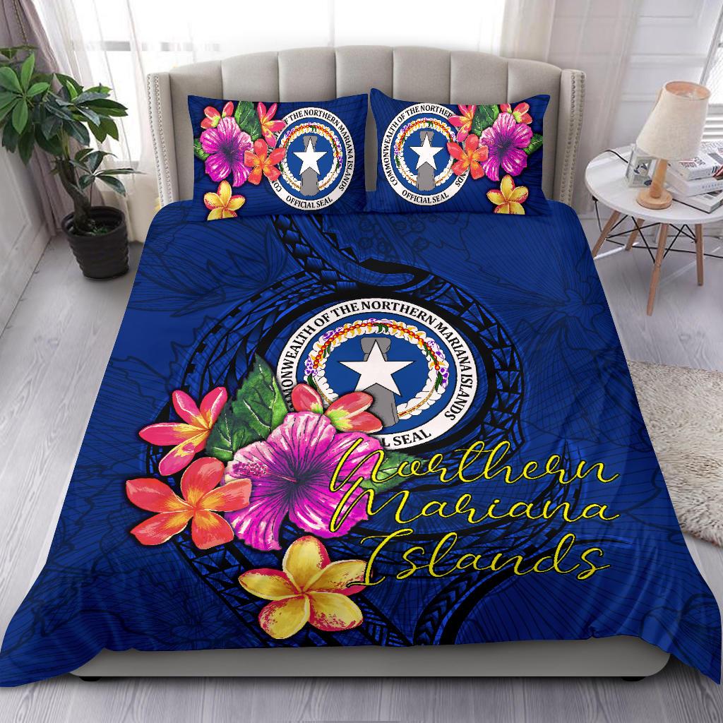 Polynesian Bedding Set - Northern Mariana Islands Duvet Cover Set Floral With Seal Blue Blue - Polynesian Pride