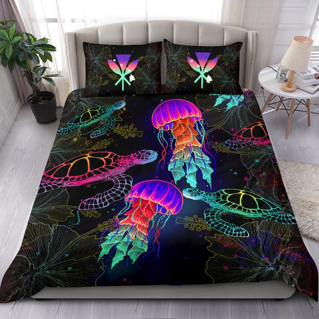 Kanaka Maoli (Hawaiian) Bedding Set - Turtle And Jellyfish Colorful - Polynesian Pride