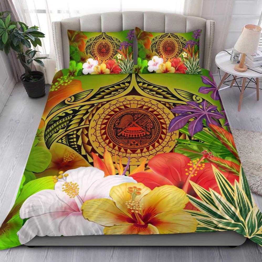 American Samoa Polynesian Bedding Set - Manta Ray Tropical Flowers (Reggae) Green - Polynesian Pride