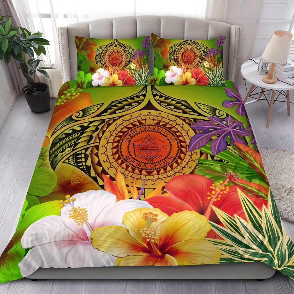 Palau Polynesian Bedding Set - Manta Ray Tropical Flowers (Reggae) Green - Polynesian Pride