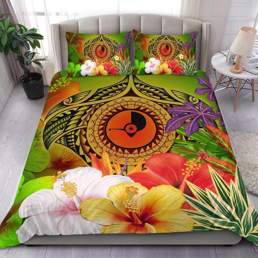 Yap Polynesian Bedding Set - Manta Ray Tropical Flowers (Reggae) Green - Polynesian Pride