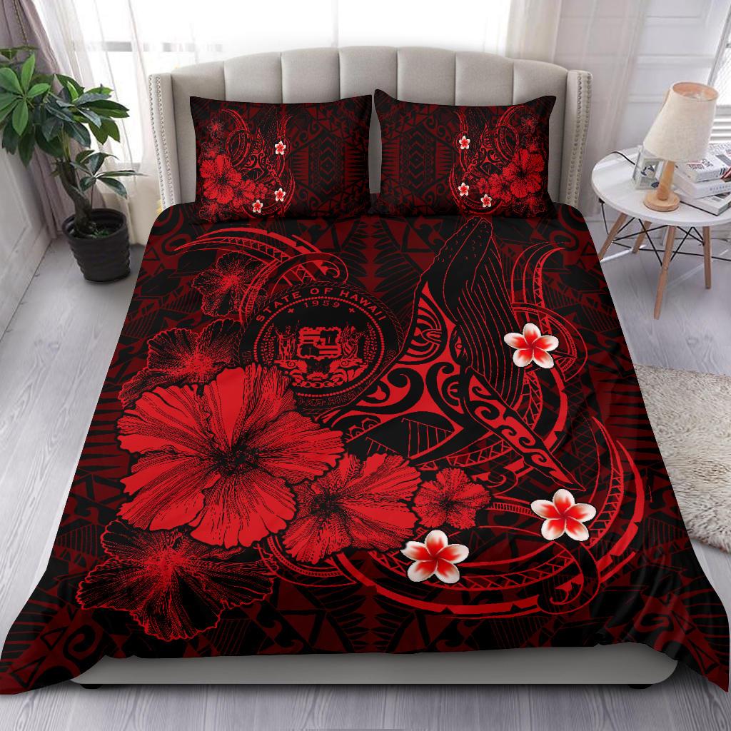 Polynesian Hawaii Bedding Set - Humpback Whale with Hibiscus (Red) Red - Polynesian Pride