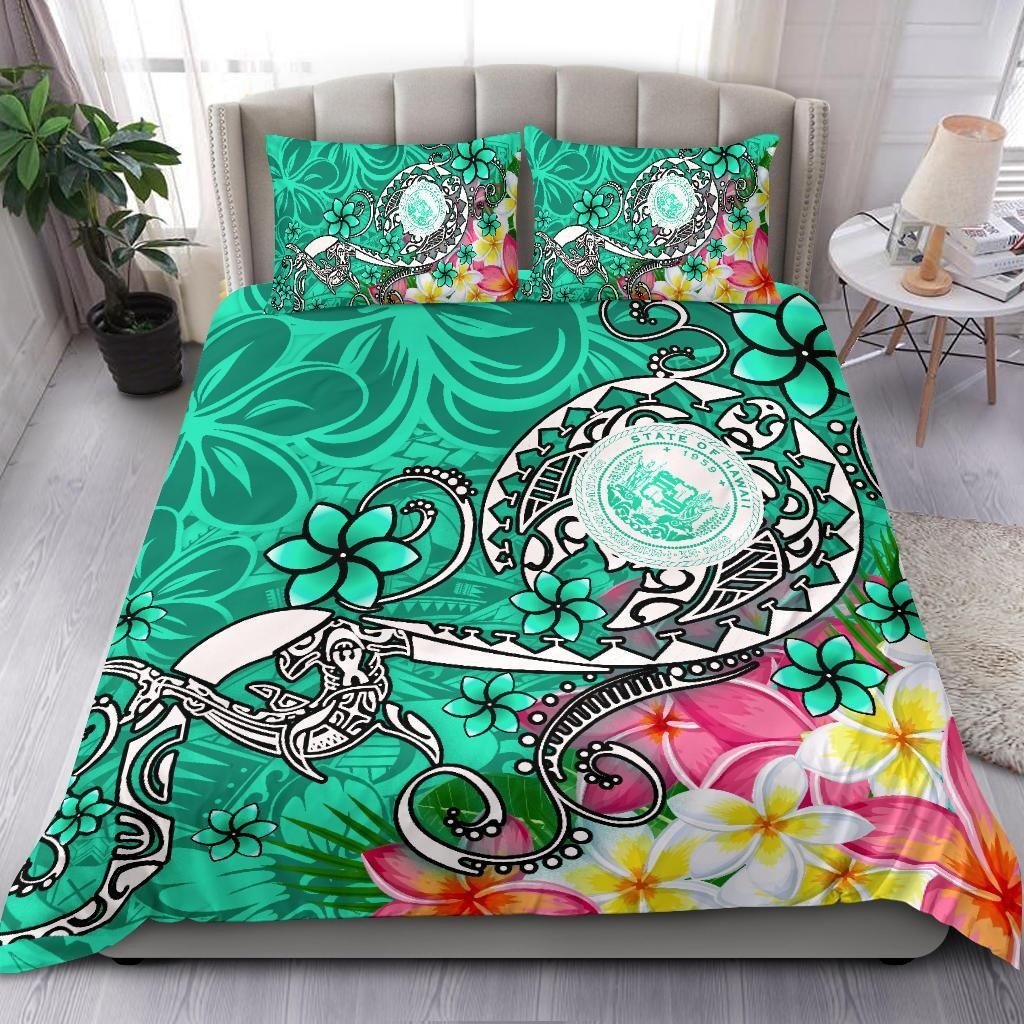 Hawaii Polynesian Bedding Sets - Hawaii Seal With Turtle Plumeria (Turquoise) Turquoise - Polynesian Pride