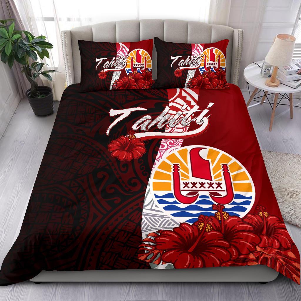 Tahiti Polynesian Bedding Set - Coat Of Arm With Hibiscus Black - Polynesian Pride