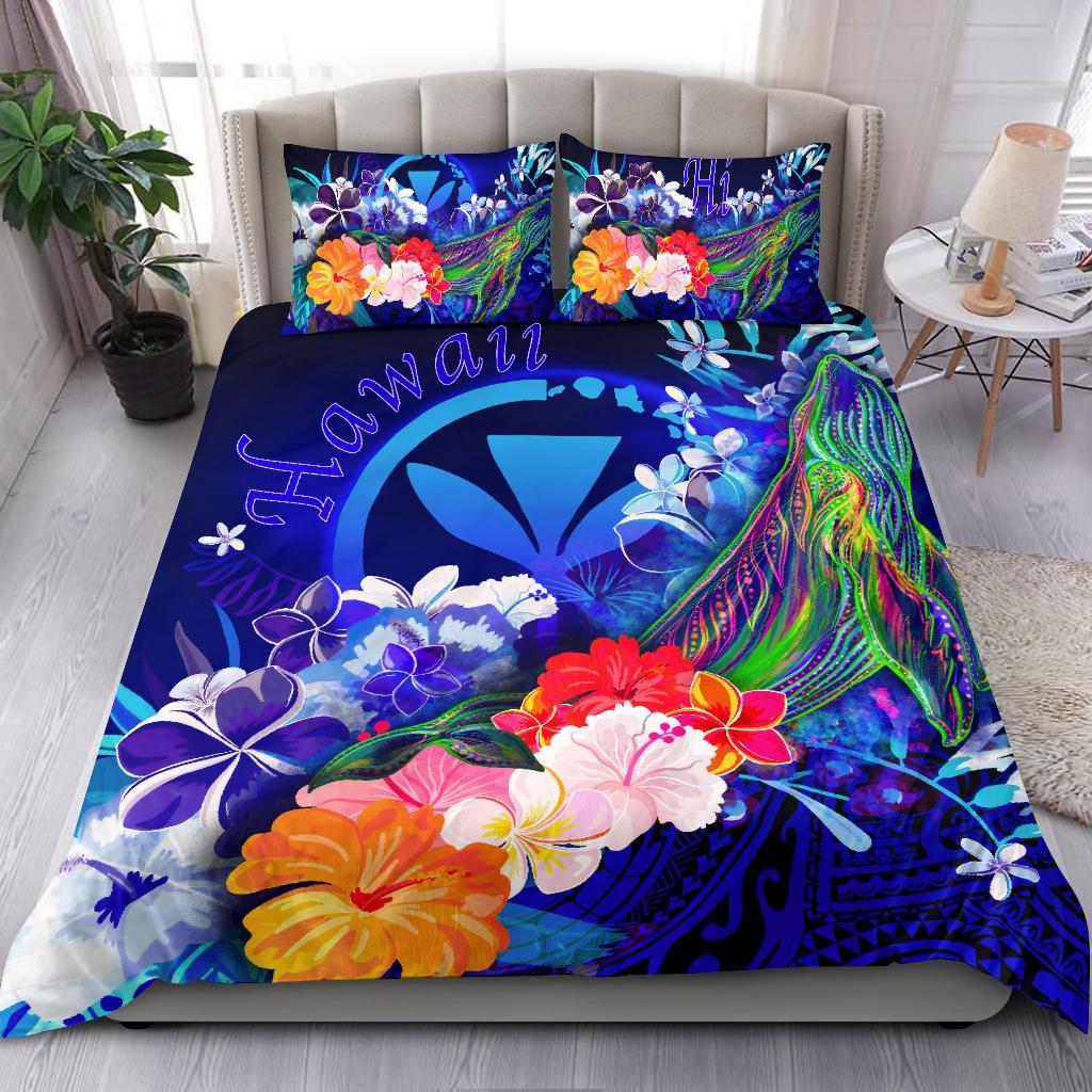 Polynesian Hawaii Custom Personalised Bedding Set - Kanaka Maoli Humpback Whale with Tropical Flowers (Blue) Blue - Polynesian Pride