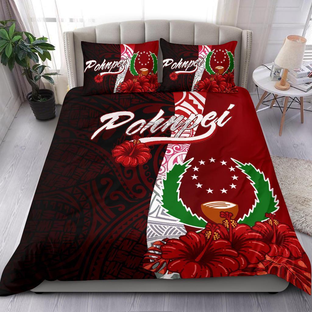 Pohnpei Micronesia Bedding Set - Coat Of Arm With Hibiscus Red - Polynesian Pride