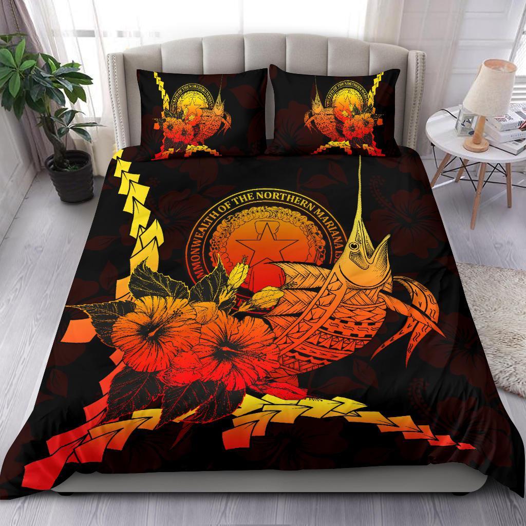 Northern Mariana Islands Polynesian Bedding Set - Swordfish With Hibiscus Black - Polynesian Pride