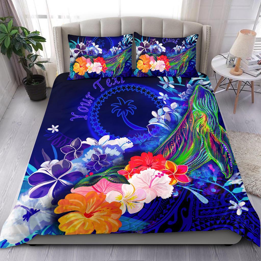 Custom Personalised Chuuk Bedding Set - Humpback Whale with Tropical Flowers (Blue) Blue - Polynesian Pride