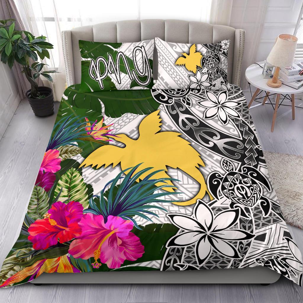 Papua New Guinea Bedding Set White - Turtle Plumeria Banana Leaf White - Polynesian Pride