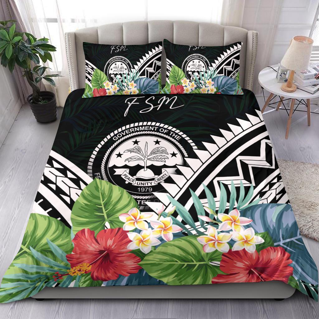 FSM Bedding Set - FSM Coat of Arms & Polynesian Tropical Flowers White White - Polynesian Pride