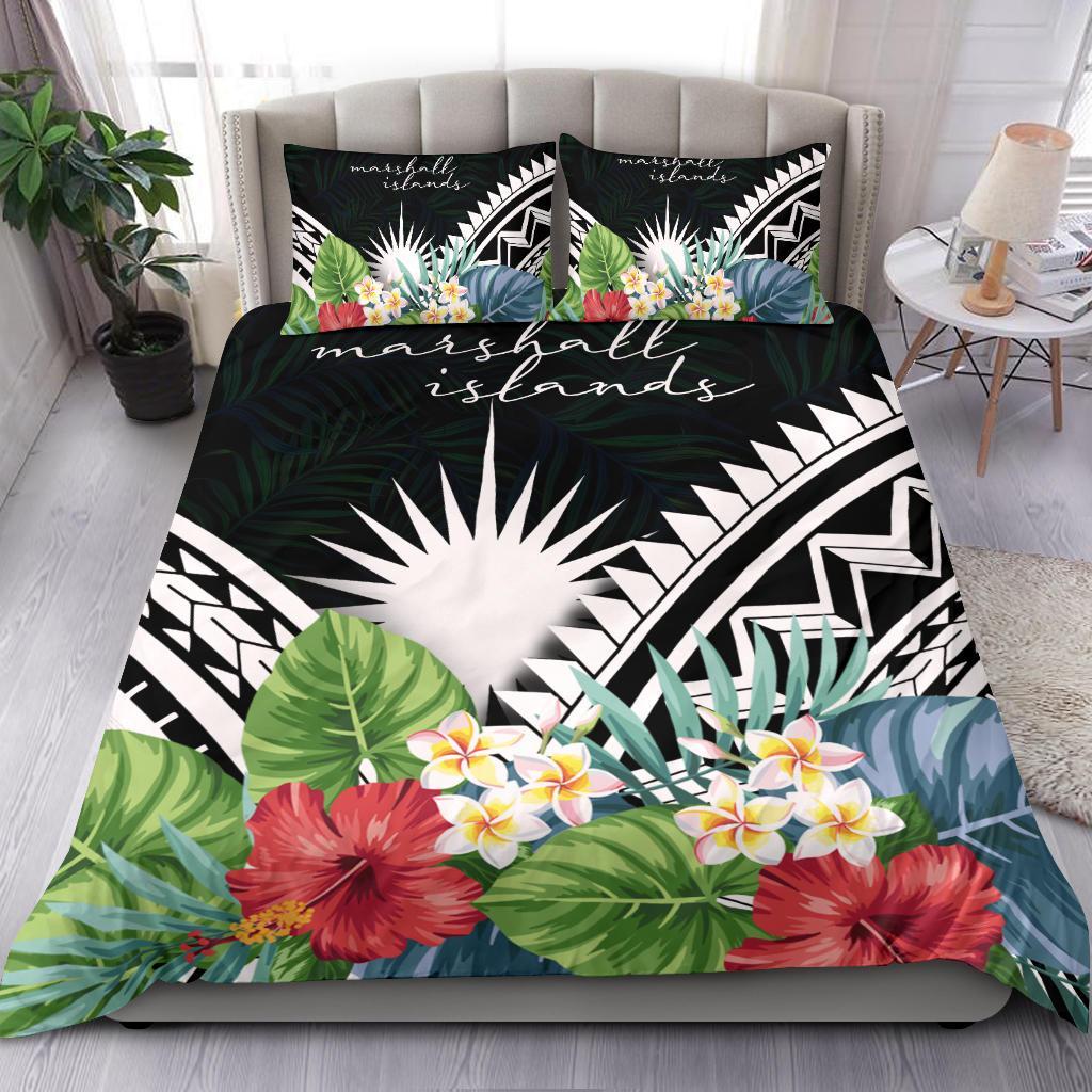 Marshall Islands Bedding Set - Marshall Islands Coat of Arms & Polynesian Tropical Flowers White Black - Polynesian Pride