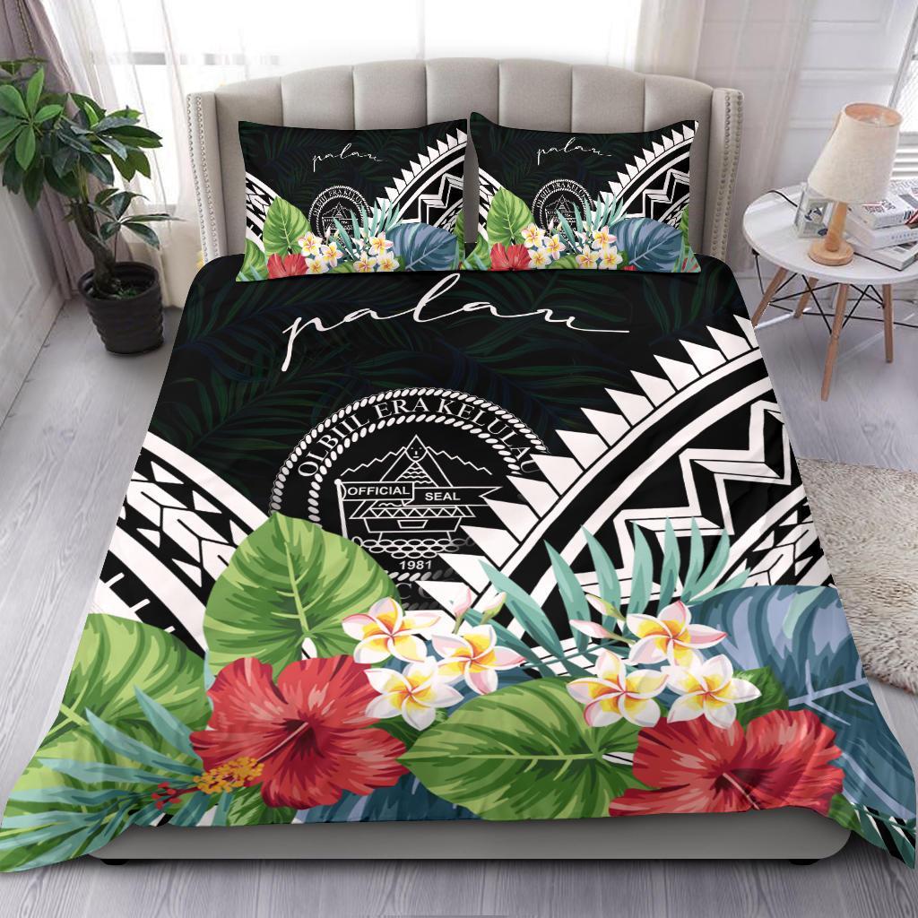 Palau Bedding Set - Palau Coat of Arms & Polynesian Tropical Flowers White Black - Polynesian Pride