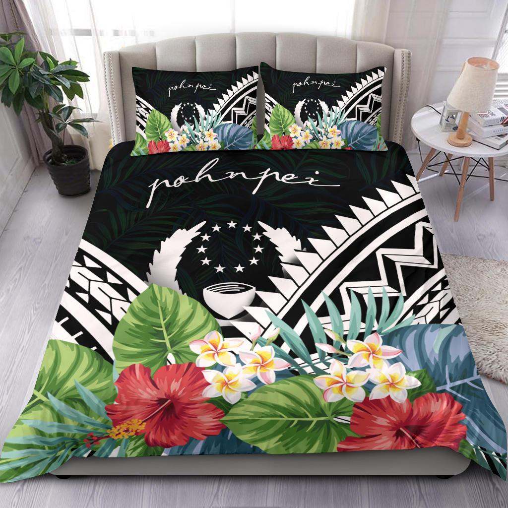 Pohnpei Bedding Set - Pohnpei Coat of Arms & Polynesian Tropical Flowers White Black - Polynesian Pride