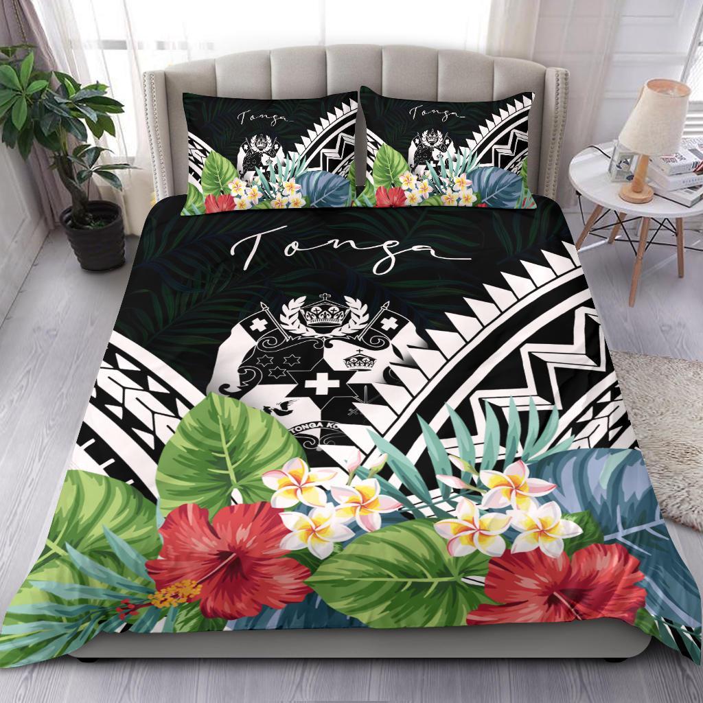 Tonga Bedding Set - Tonga Coat of Arms & Polynesian Tropical Flowers White Black - Polynesian Pride