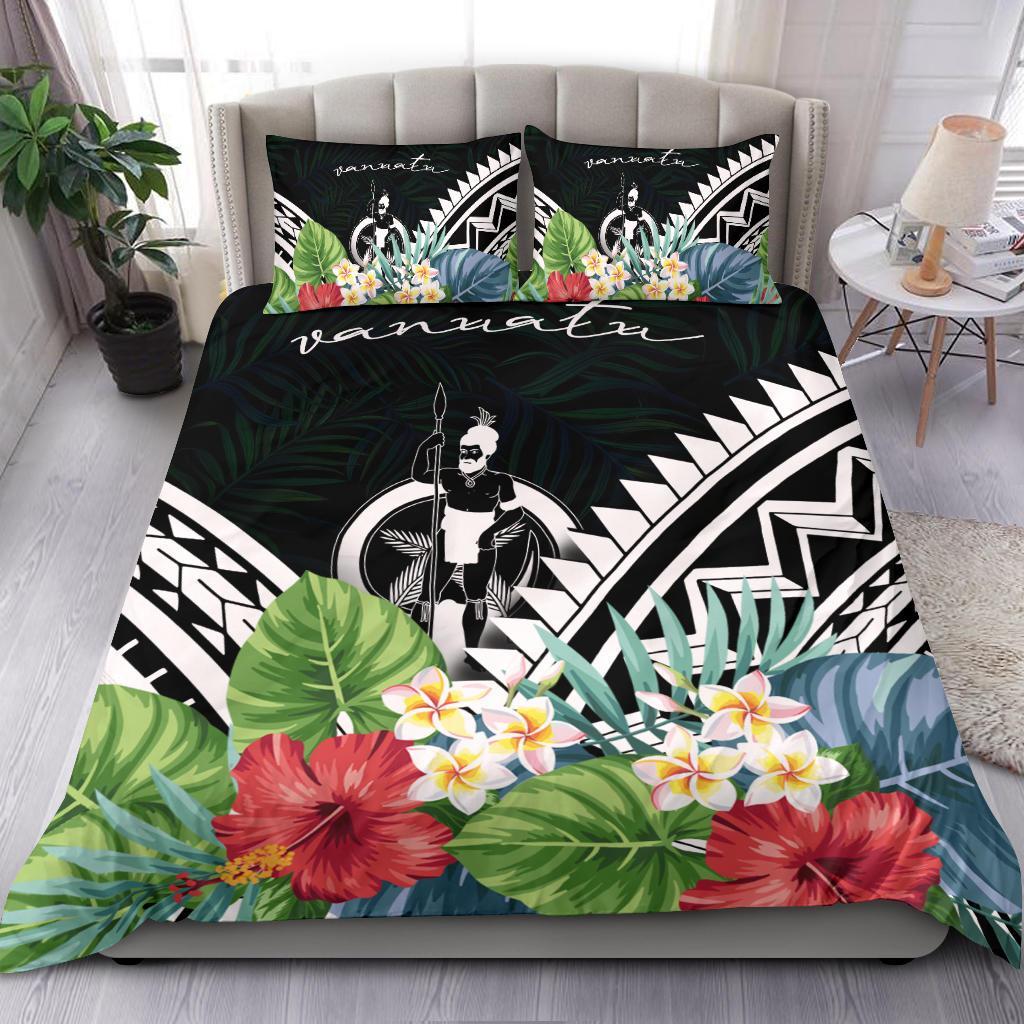 Vanuatu Bedding Set - Vanuatu Coat of Arms & Polynesian Tropical Flowers White Black - Polynesian Pride