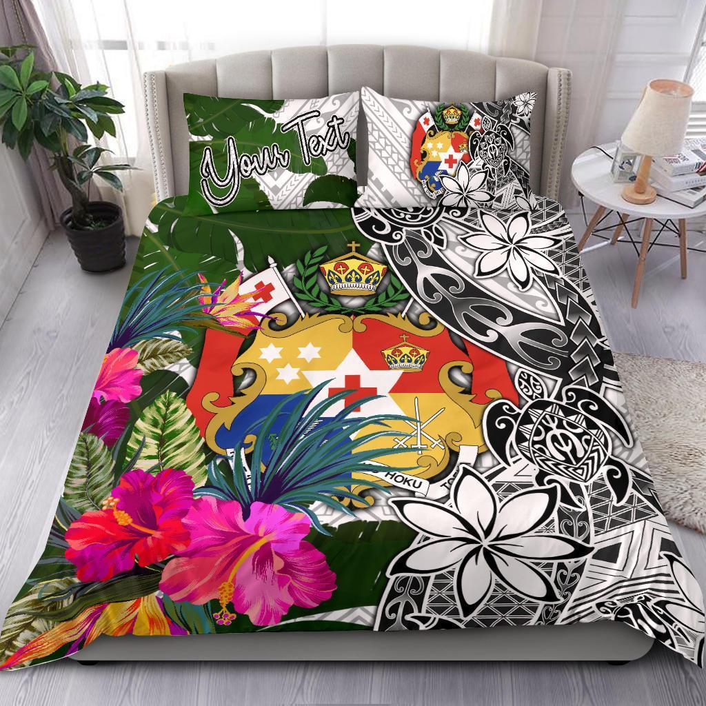 Tonga Custom Personalised Bedding Set White - Turle Plumeria Banana Leaf White - Polynesian Pride