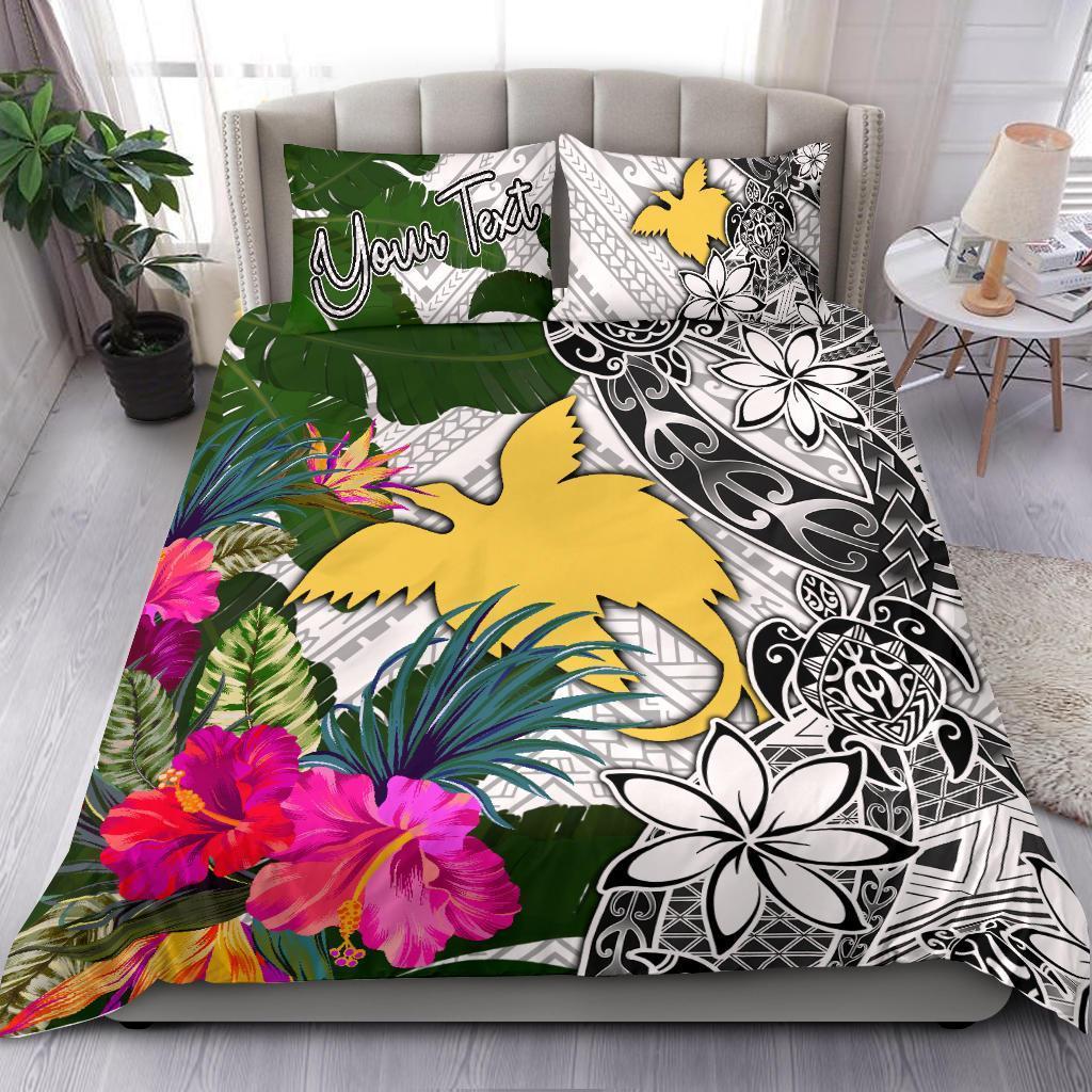 Papua New Guinea Custom Personalised Bedding Set White - Turle Plumeria Banana Leaf White - Polynesian Pride