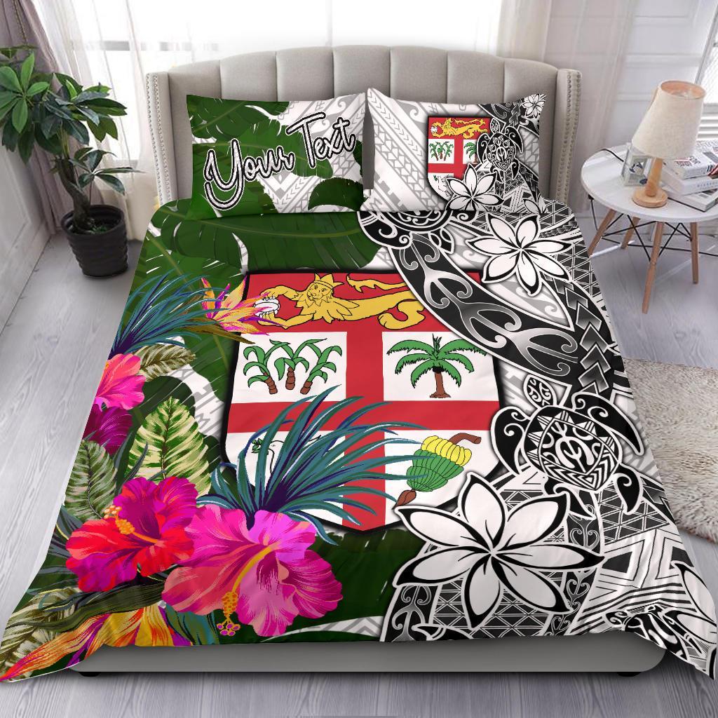 Fiji Custom Personalised Bedding Set White - Turtle Plumeria Banana Leaf White - Polynesian Pride