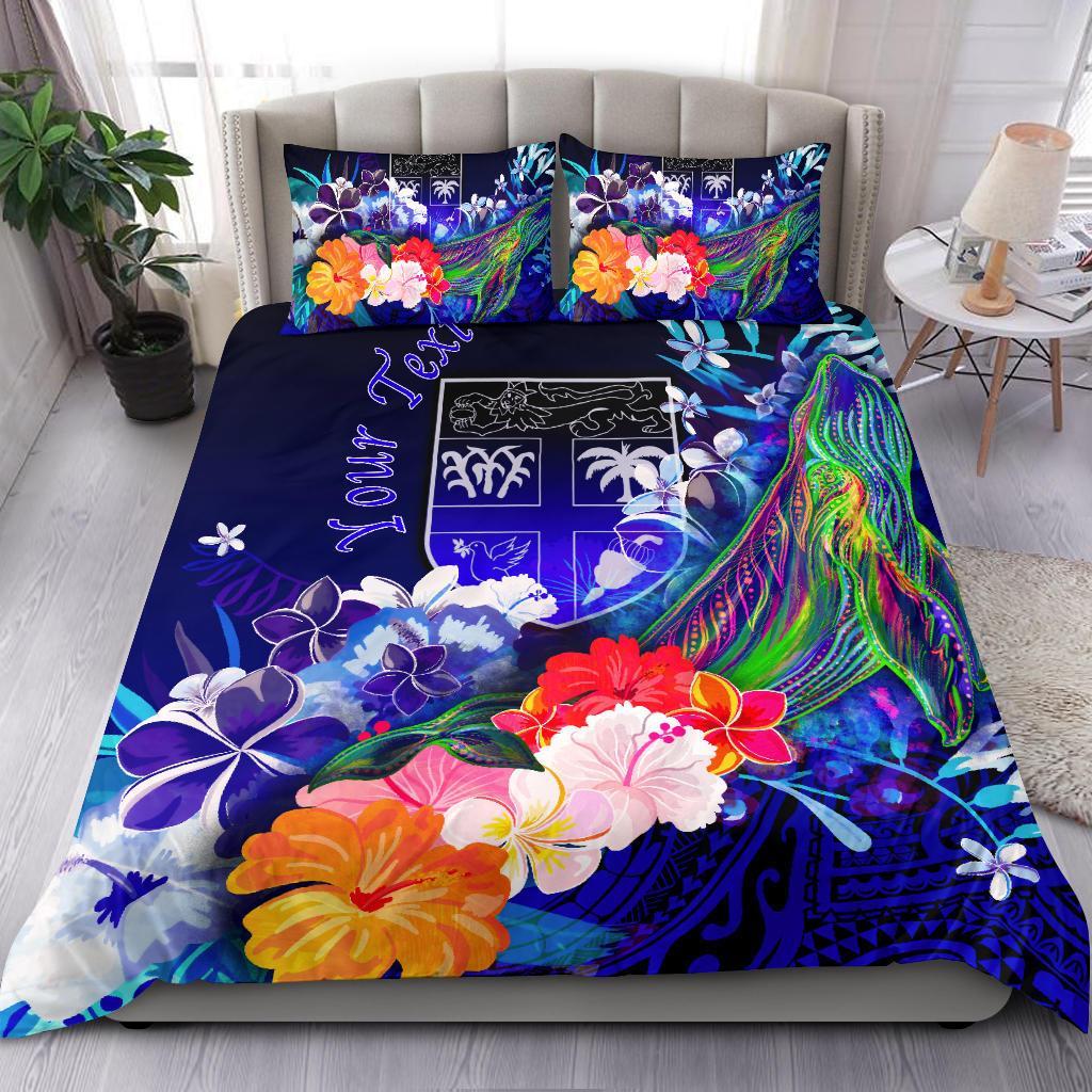 Fiji Custom Personalised Bedding Set - Humpback Whale with Tropical Flowers (Blue) Blue - Polynesian Pride