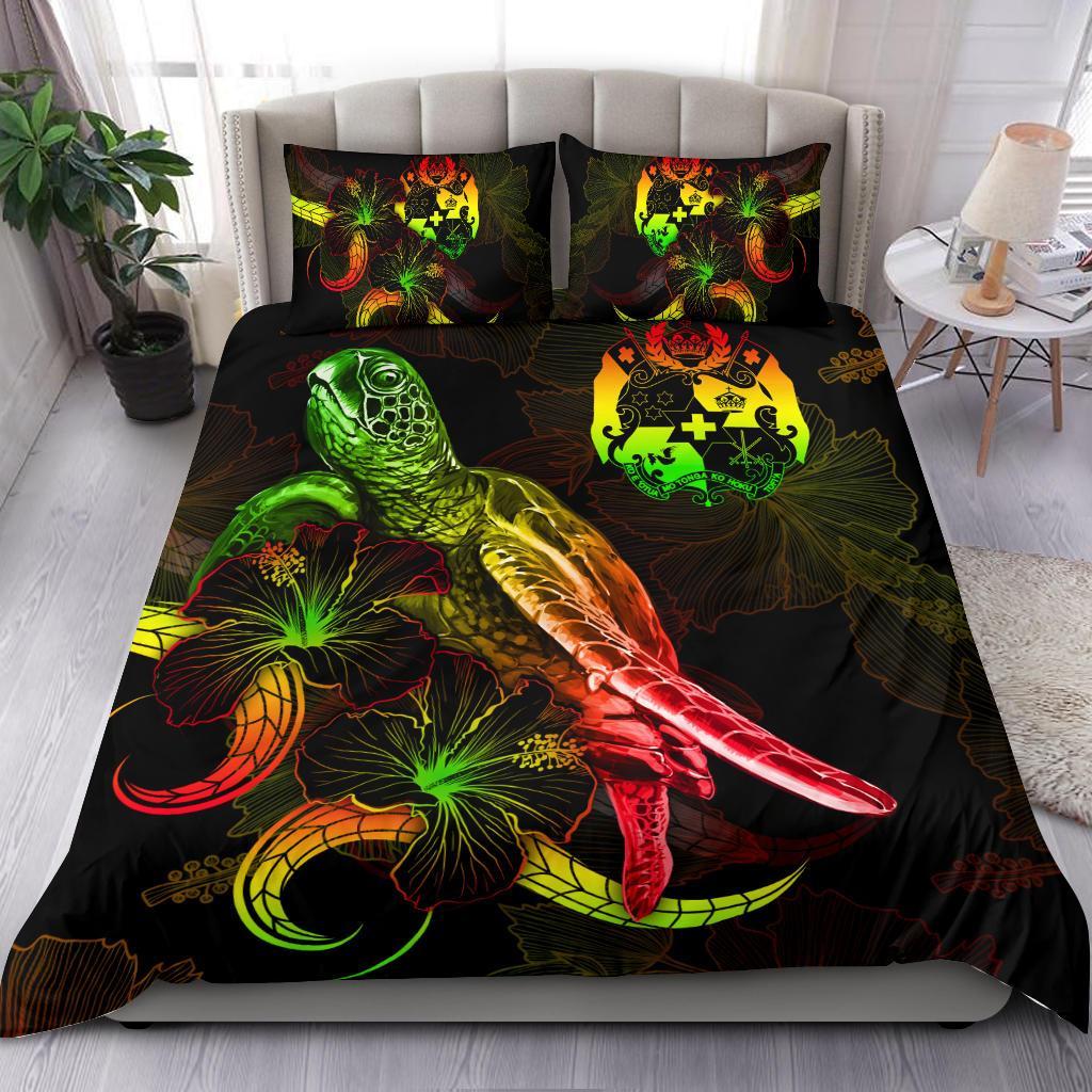 Tonga Polynesian Bedding Set - Turtle With Blooming Hibiscus Reggae Reggae - Polynesian Pride