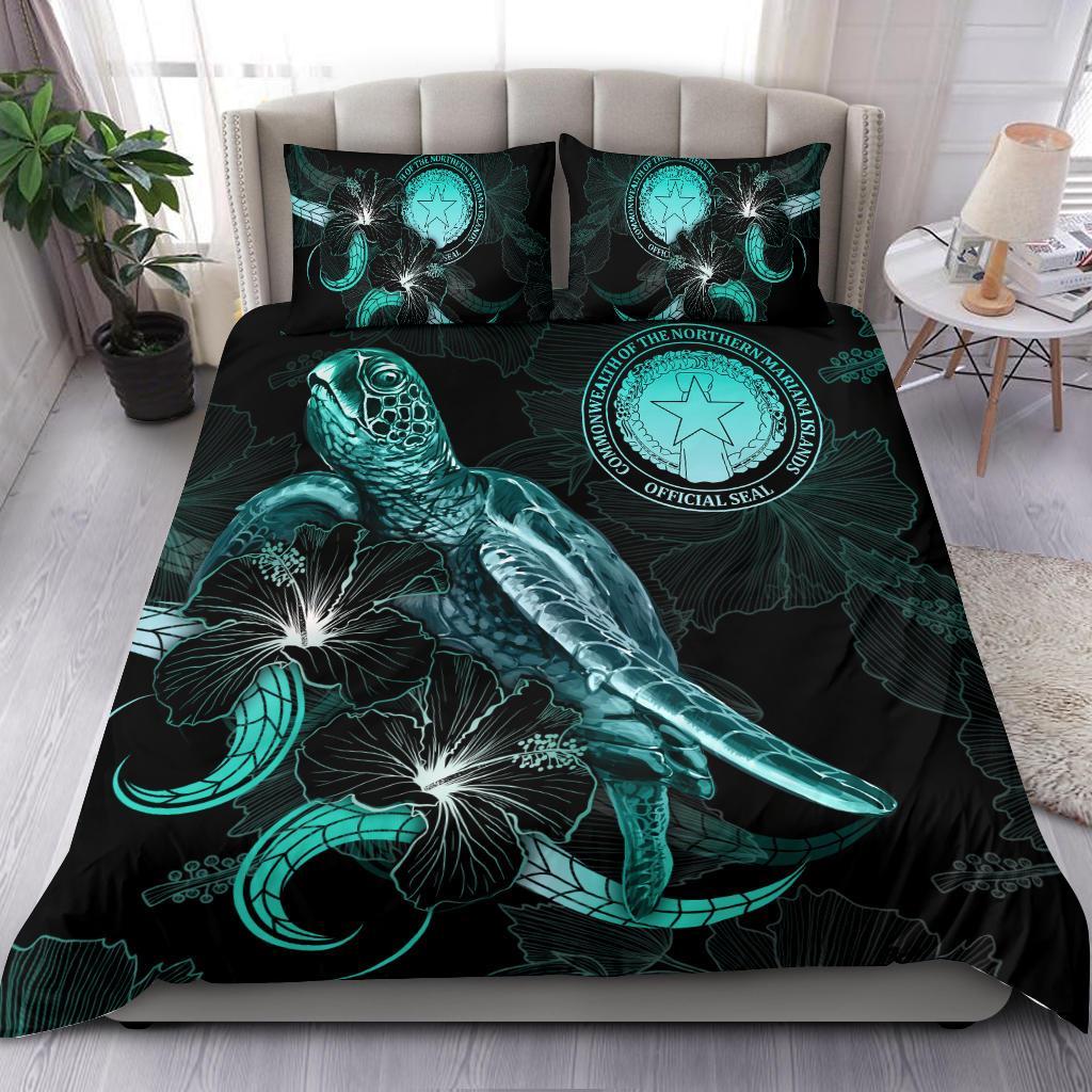 CNMI Polynesian Bedding Set - Turtle With Blooming Hibiscus Turquoise Turquoise - Polynesian Pride