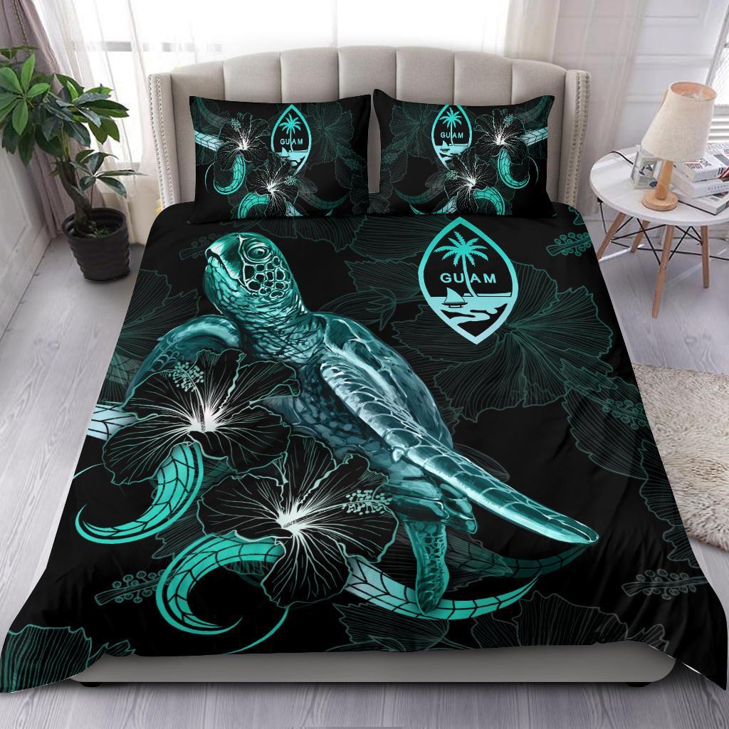 Guam Polynesian Bedding Set - Turtle With Blooming Hibiscus Turquoise Turquoise - Polynesian Pride