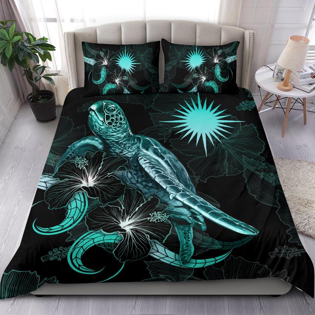 Marshall Islands Polynesian Bedding Set - Turtle With Blooming Hibiscus Turquoise Turquoise - Polynesian Pride