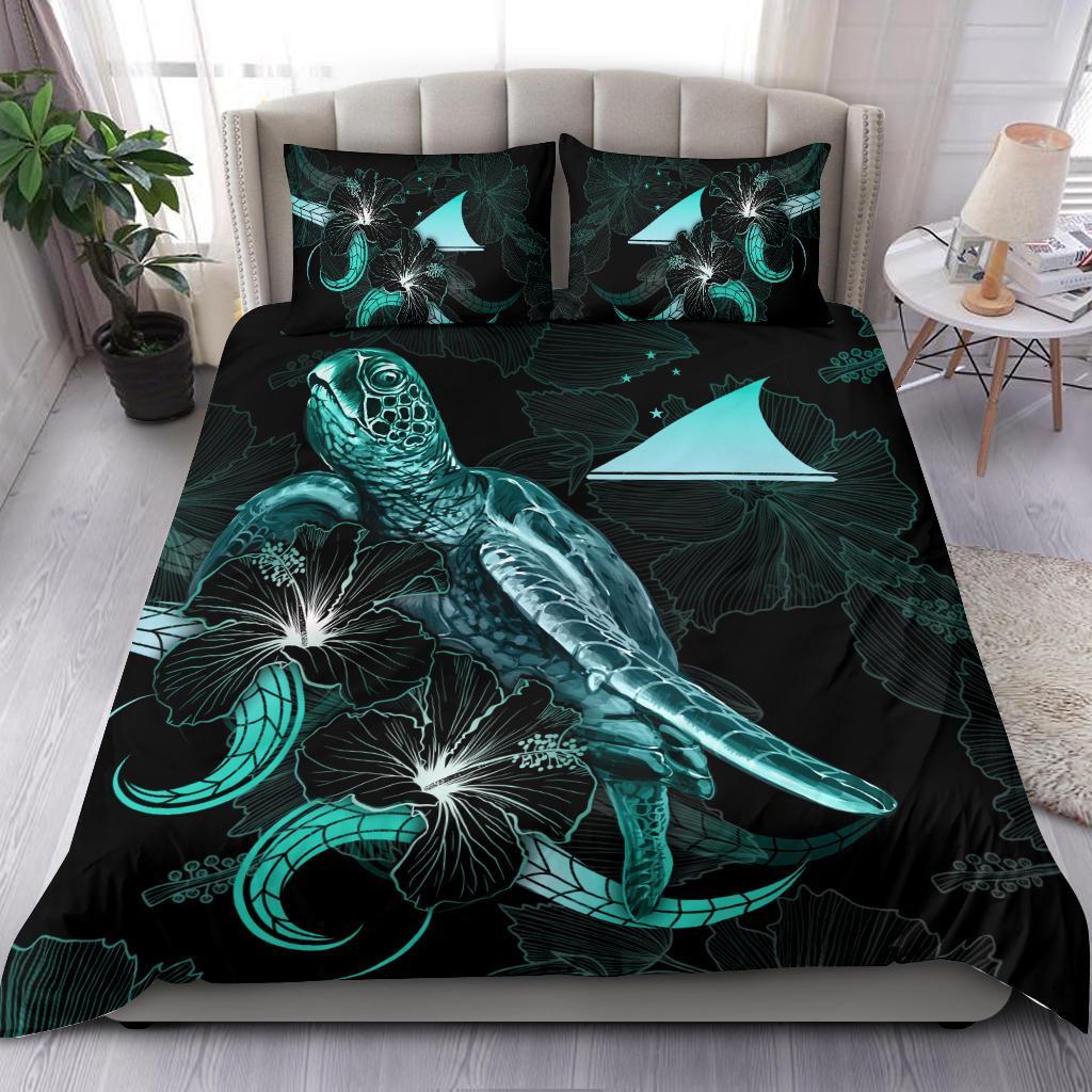 Tokelau Polynesian Bedding Set - Turtle With Blooming Hibiscus Turquoise Art - Polynesian Pride