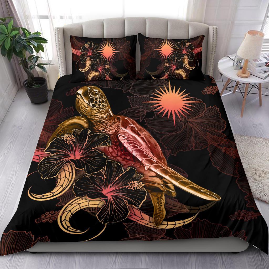 Nauru Polynesian Bedding Set - Turtle With Blooming Hibiscus Gold Gold - Polynesian Pride