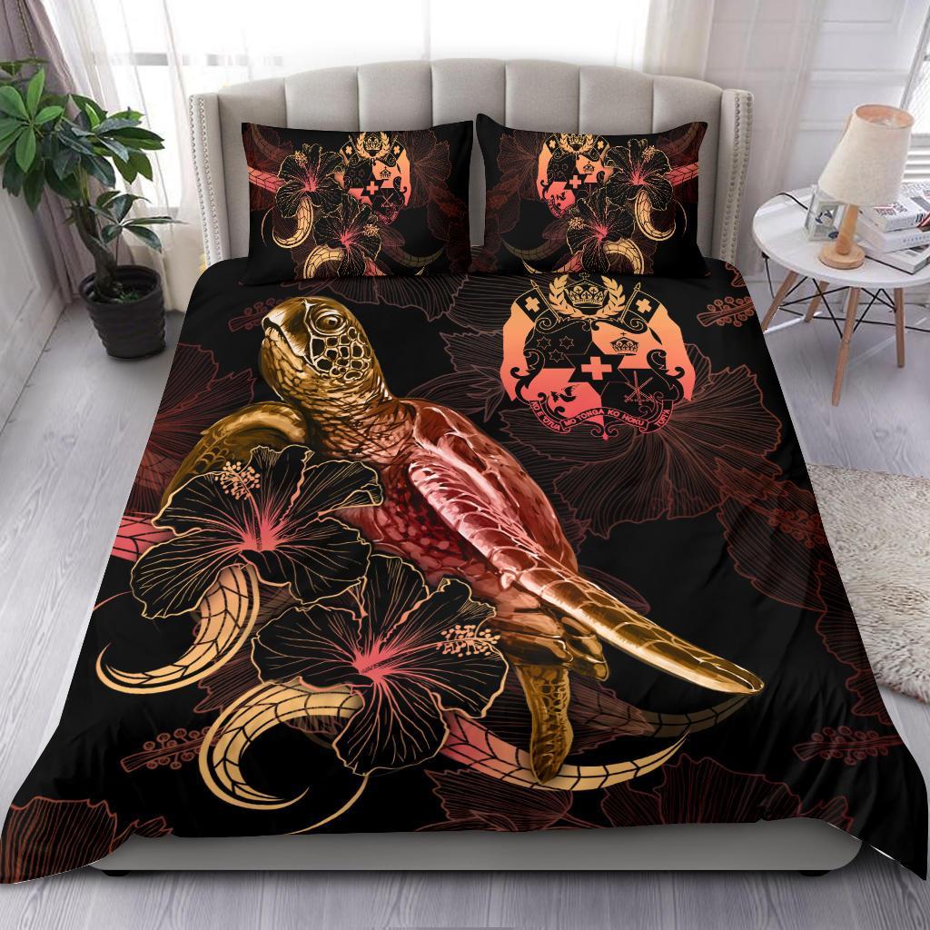 Tuvalu Polynesian Bedding Set - Turtle With Blooming Hibiscus Gold Gold - Polynesian Pride