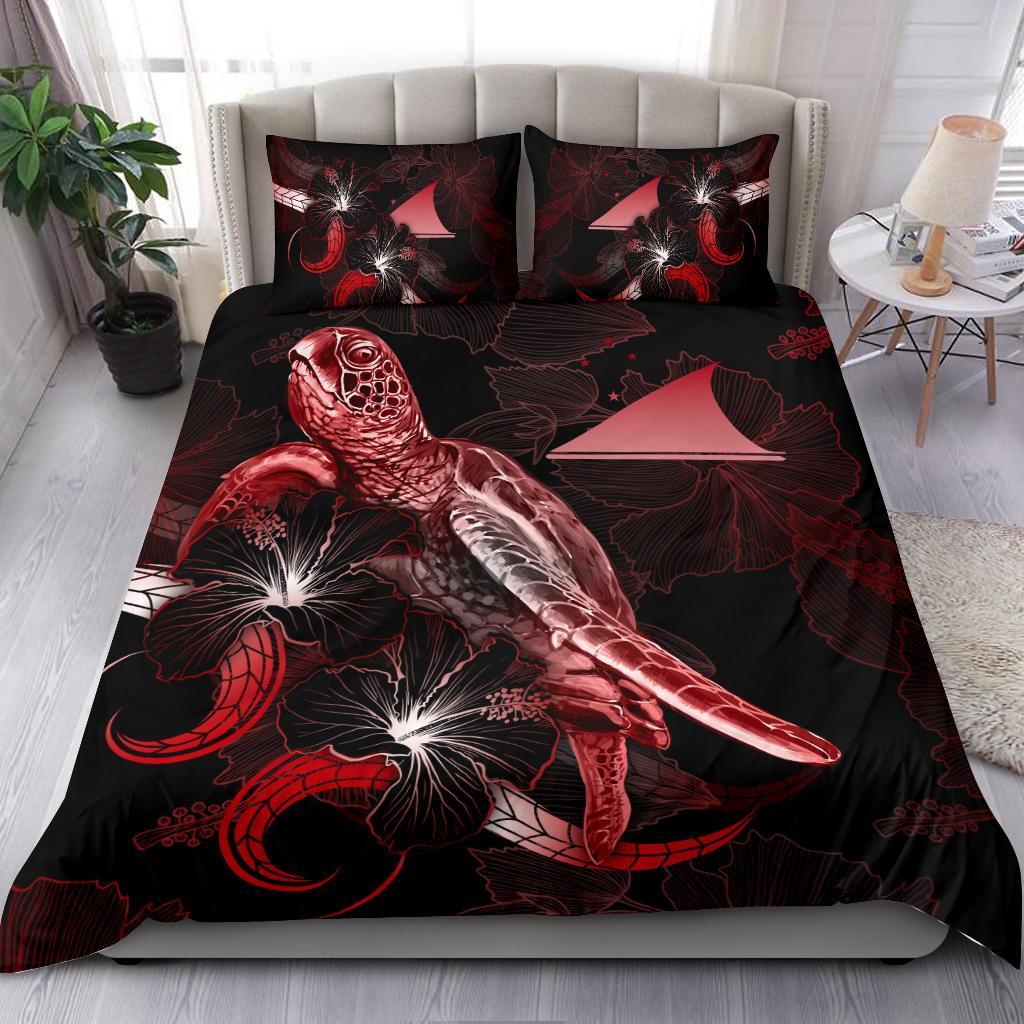 Tokelau Polynesian Bedding Set - Turtle With Blooming Hibiscus Red Red - Polynesian Pride