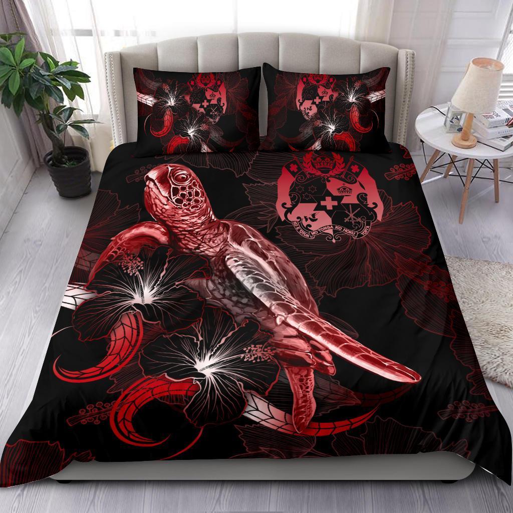 Tonga Polynesian Bedding Set - Turtle With Blooming Hibiscus Red Red - Polynesian Pride