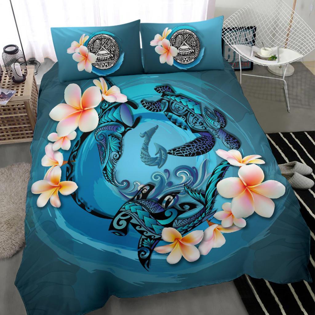 Polynesian Duvet Cover Set - American Samoa Bedding Set Blue Plumeria Animal Tattoo - Polynesian Pride