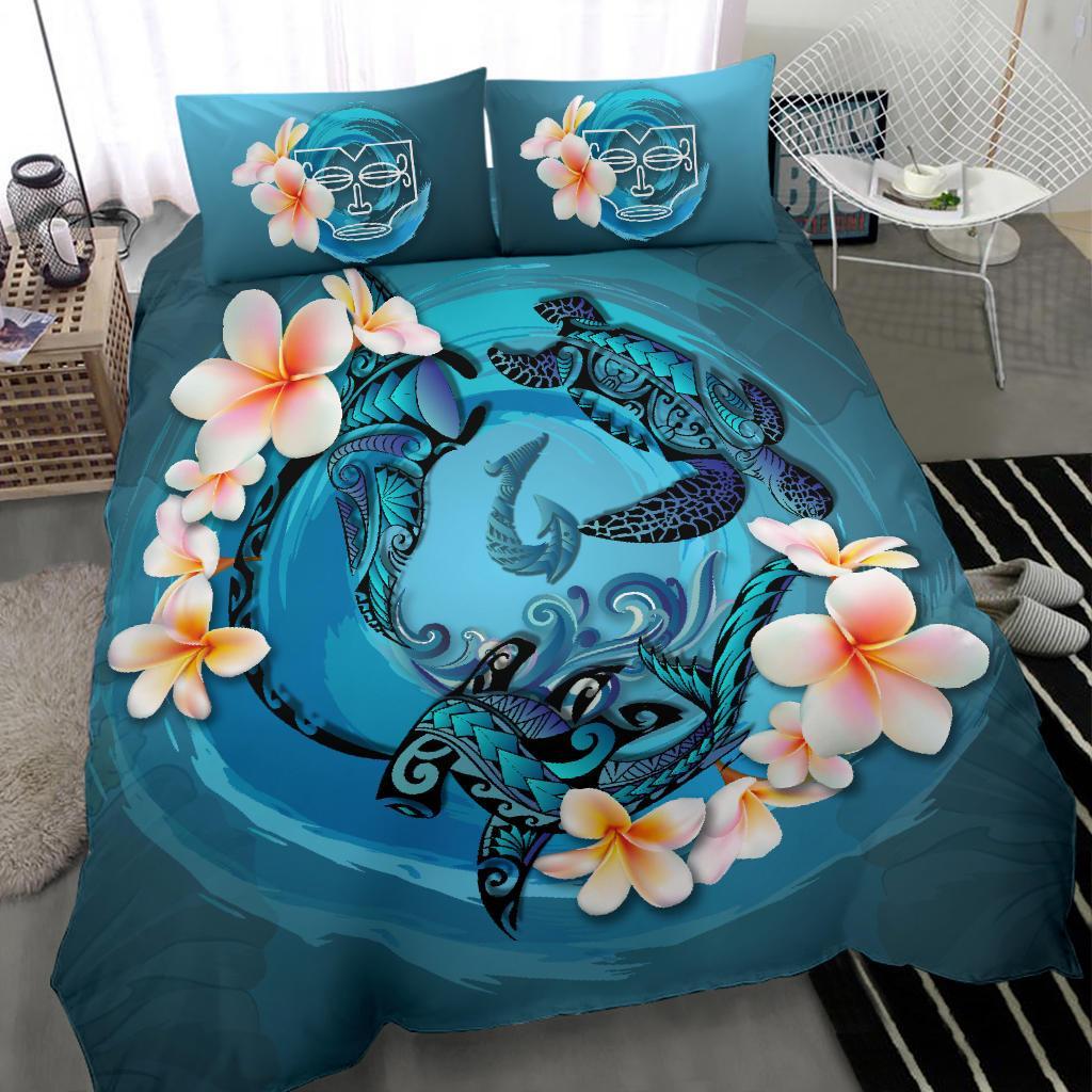 Polynesian Duvet Cover Set - Marquesas Islands Bedding Set Blue Plumeria Animal Tattoo - Polynesian Pride