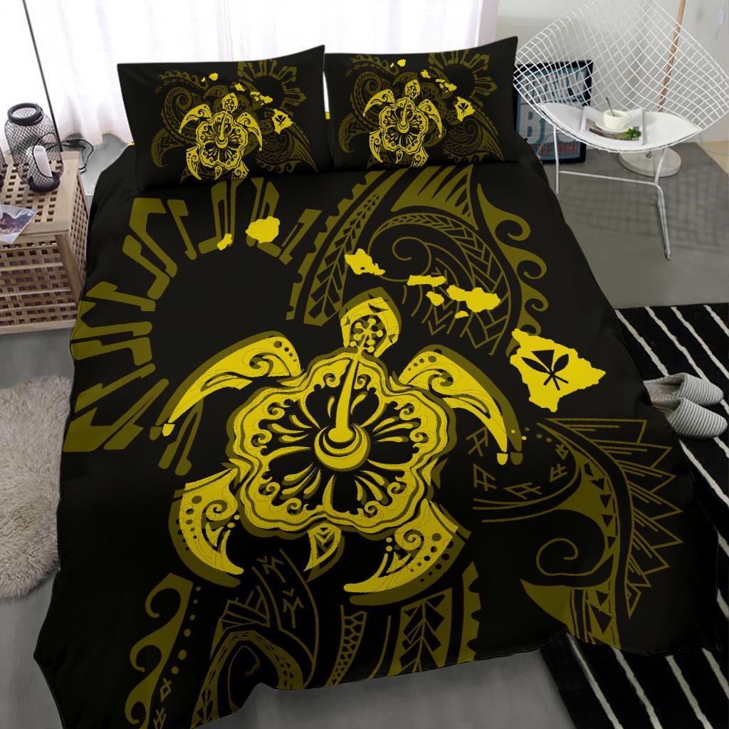 Hawaiian Map Kanaka Hibiscus Turtle Yellow Polynesian Bedding Set - Polynesian Pride