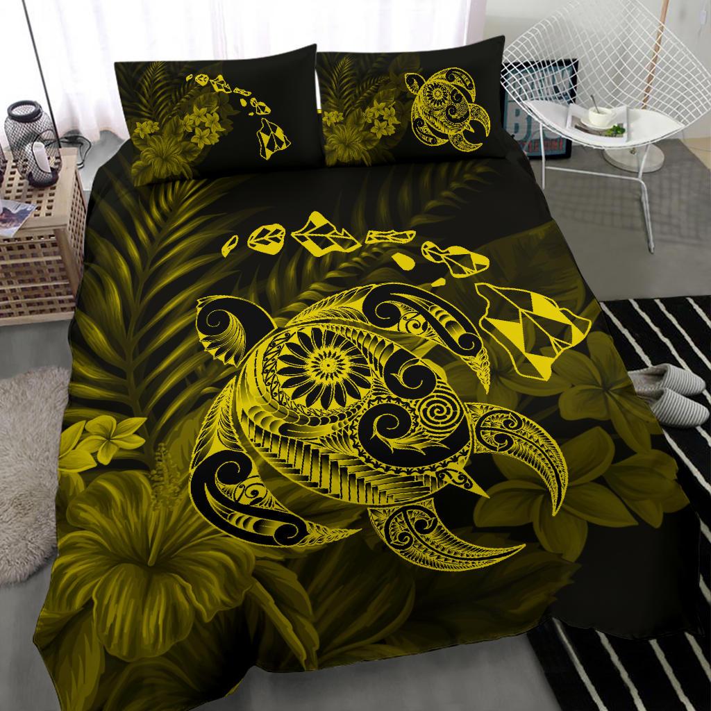 Hawaiian Map Turtle Tattoo Hibiscus Plumeria Polynesian Bedding Set - Yellow - Polynesian Pride