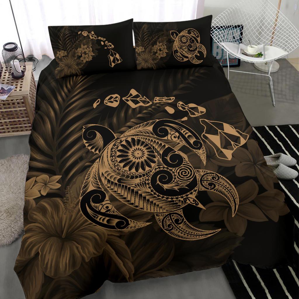 Hawaiian Map Turtle Tattoo Hibiscus Plumeria Polynesian Bedding Set - Gold - Polynesian Pride