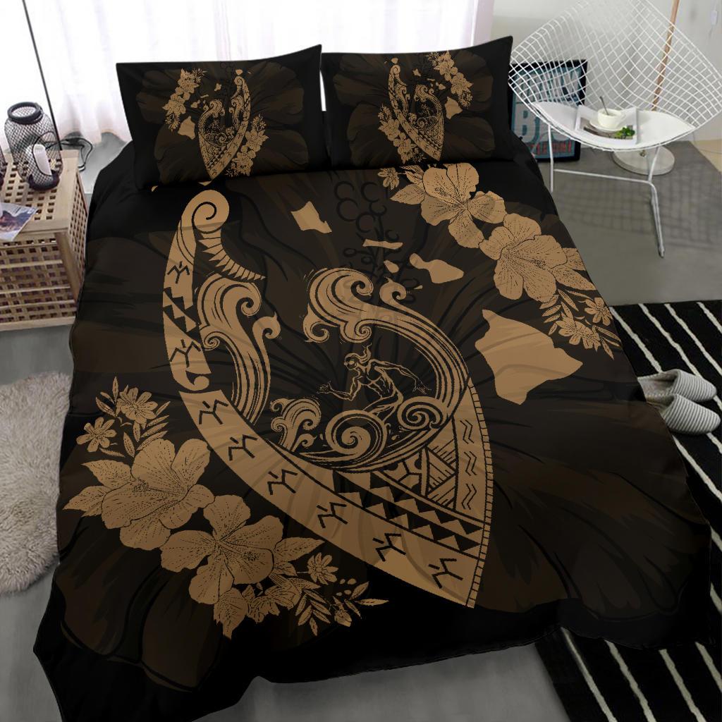 Hawaiian Fish Hook Hibiscus Banzai Surfing Polynesian Bedding Set Bronze - Polynesian Pride