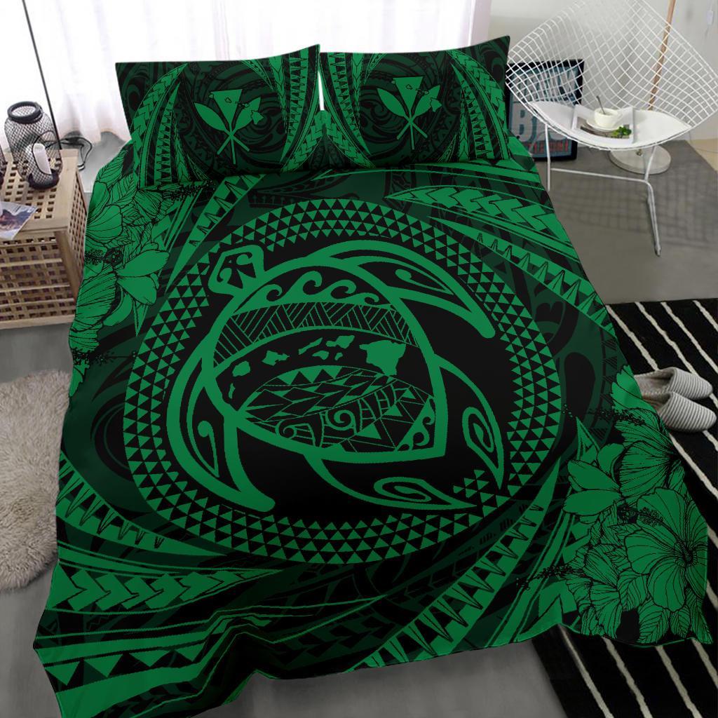 Hawaiian Kanaka Honu Hibiscus Tornado Green Polynesian Bedding Set - Polynesian Pride