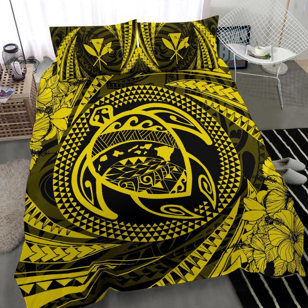 Hawaiian Kanaka Honu Hibiscus Tornado Yellow Polynesian Bedding Set - Polynesian Pride