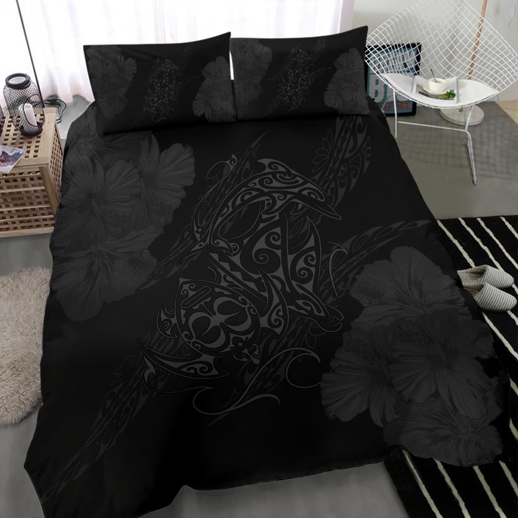 Hawaiian Hibiscus Dolphin Manta Ray Turtle Polynesian Bedding Set Waves Grey - Polynesian Pride