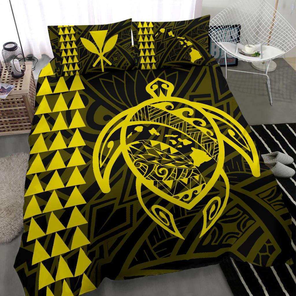 Hawaiian Map Kakau Turtle Kanaka Polynesian Bedding Set - Yellow - Polynesian Pride