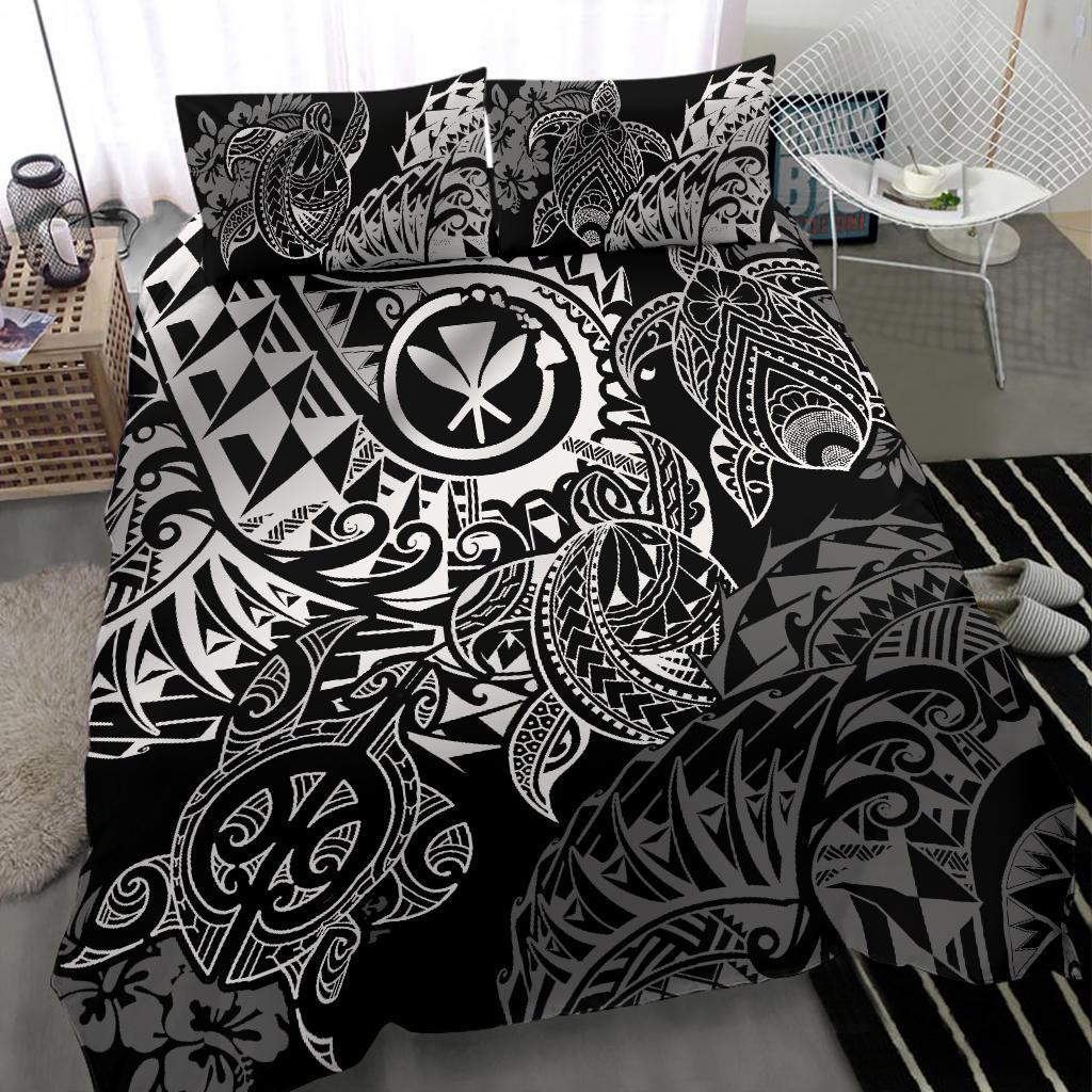Polynesian Hawaii (Kanaka Maoli) Duvet Cover Set - White Hibiscus Turtle Flowing BLACK - Polynesian Pride