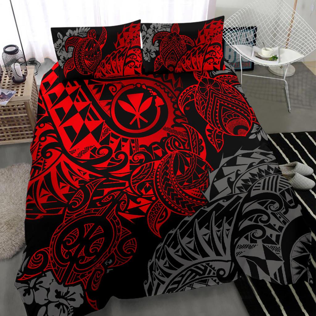 Polynesian Hawaii (Kanaka Maoli) Duvet Cover Set - Red Hibiscus Turtle Flowing RED - Polynesian Pride