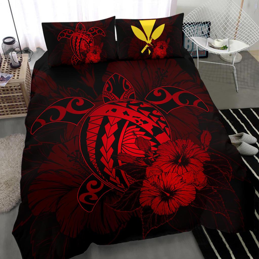Hawaiian Map Hibiscus Kanaka Polynesian Bedding Set - Harold Turtle - Red - Polynesian Pride