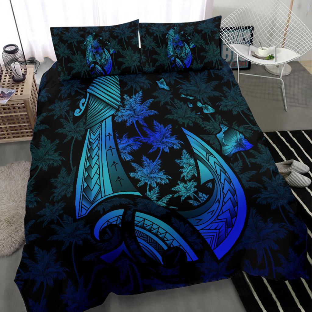 Hawaiian Map Palm Trees Fish Hook Polynesian Bedding Set Colorful Blue - Polynesian Pride