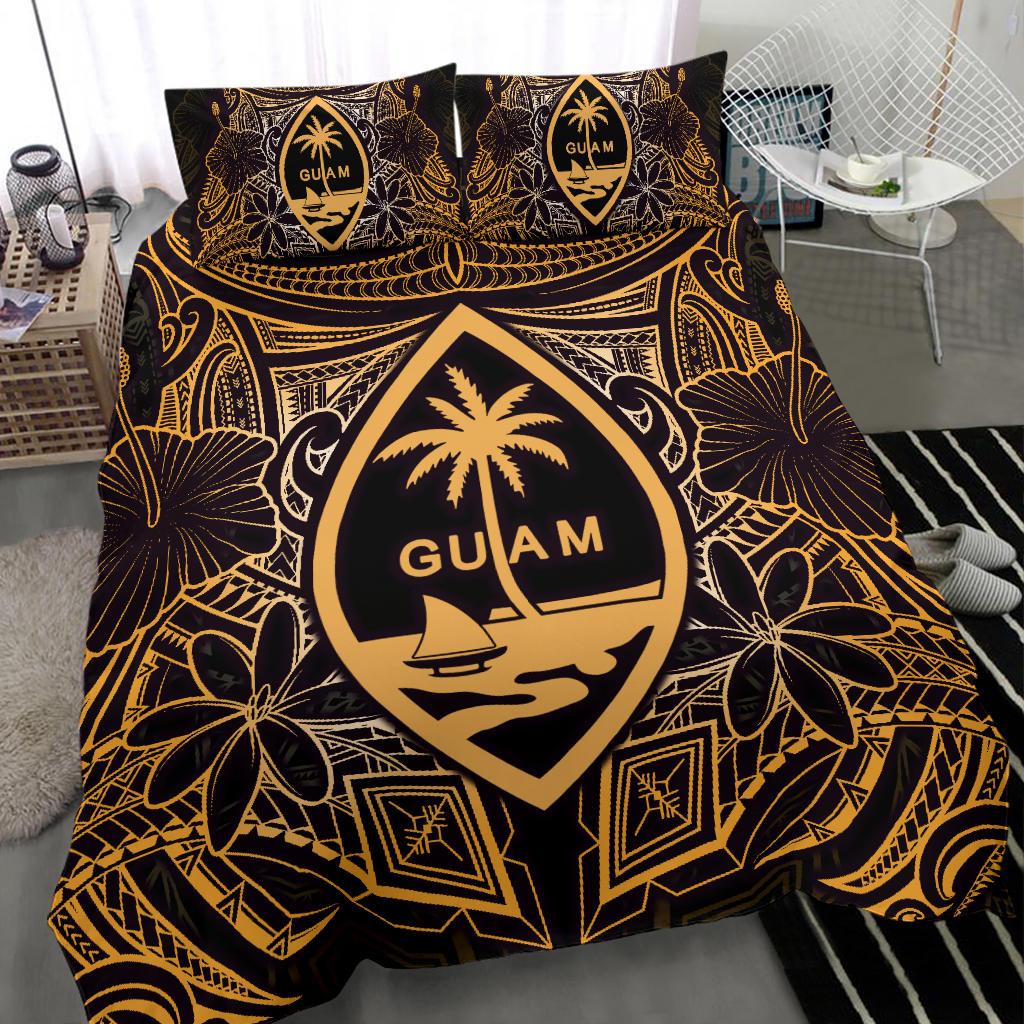 Guam Polynesian Bedding Set - Gold Hibiscus Coat Of Arms - Polynesian Pride