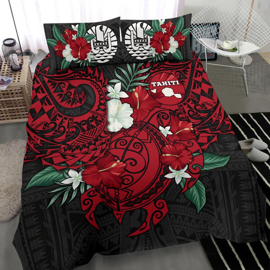 Polynesian Bedding Set - Tahiti Duvet Cover - Hibiscus and Sea Turtle (Red) - Polynesian Pride