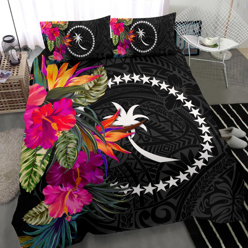 Chuuk Bedding Set - Polynesian Hibiscus Pattern 3 Pieces Black - Polynesian Pride