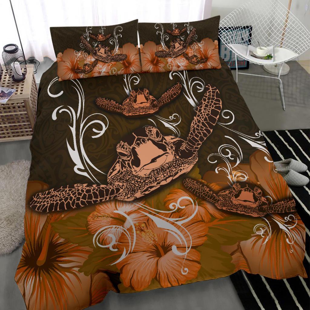 Hawaii Polynesian Turtle Waves Hibiscus Bedding Set - Erik Style - AH - Orange - Polynesian Pride